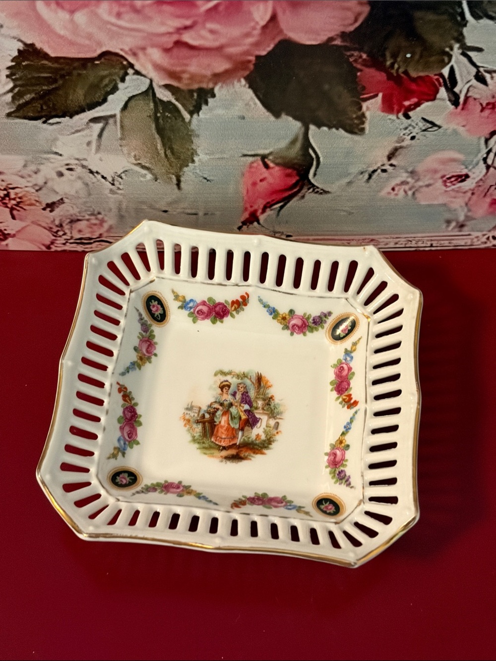 Schumann Victoria porcelain lattice rim dish floral courting couple Victorian